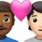 ハートのカップル：男性、人物、中程度の濃い肌の色、明るい肌の色 iPhoneの絵文字