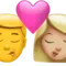 キス - 男性：肌の色なし、女性：やや明るい肌の色 iPhoneの絵文字